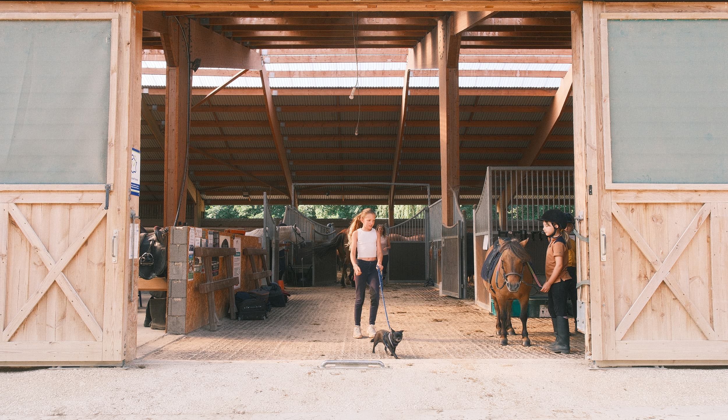 Cavalière et poney franchissant les portes ouvertes d'une écurie en bois